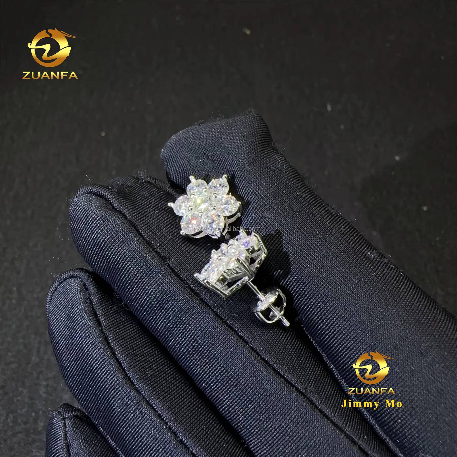 Fire Jewelry Drop Shipping Iced Out Hip Hop 925 Sterling Silver VVS1 Moissanite Diamond Stud Earrings Cluster Flower Earrings