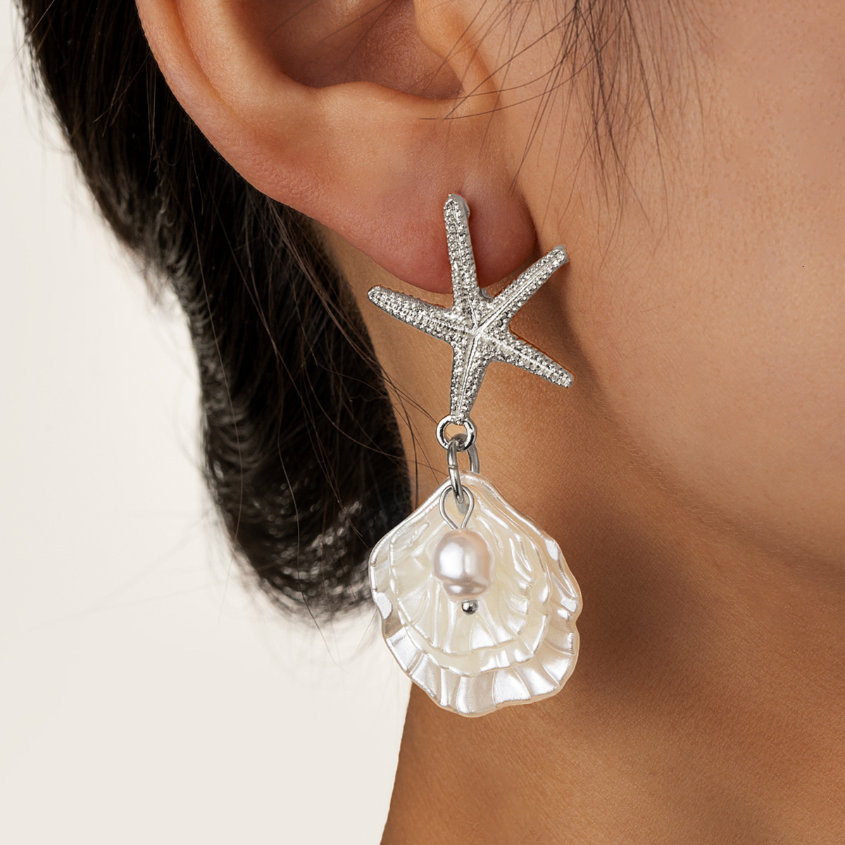 Summer New Fashion Beach Vacation Style Alloy Starfish Imitation Pearl Shell Women's Earrings