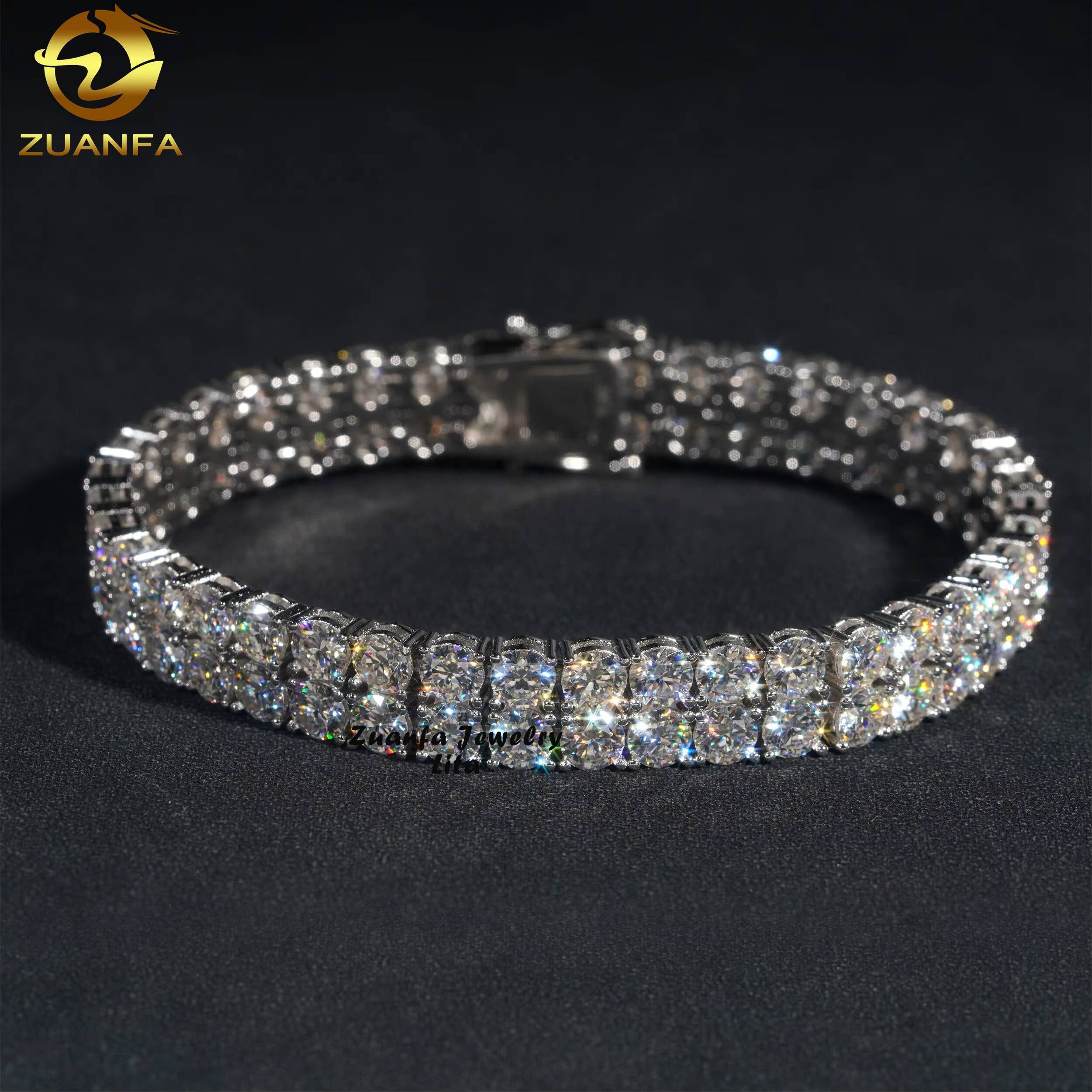 Hip Hop Rapper D Color VVS Diamond Silver Gold Plated 10mm Two Rows Moissanite Tennis Chain Bracelet