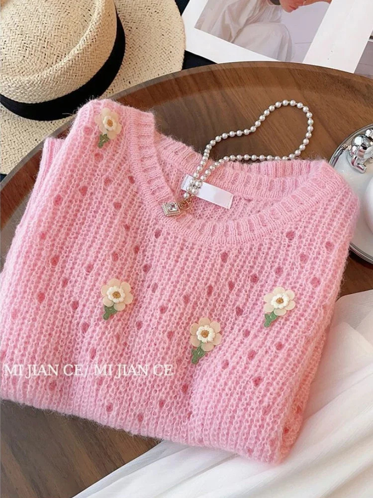 Spring Summer Sweet Pink Knitted Tops Short Sleeve Tshirt Soft Sweater n Knitwear Floral Hollow Out Thin Chic 250731