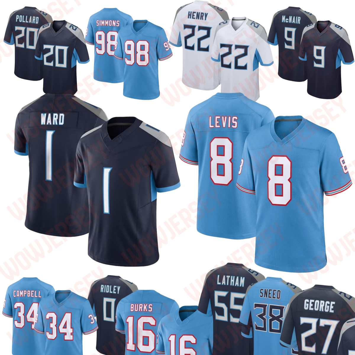 Cam Ward Ridley Will Levis Football Jersey Jeffery Simmons L'Jarius Sneed Treylon Burks Tyjae Spears Steve McNair JC Latham Tony Pollard T'Vondre Sweat Eddie George 8
