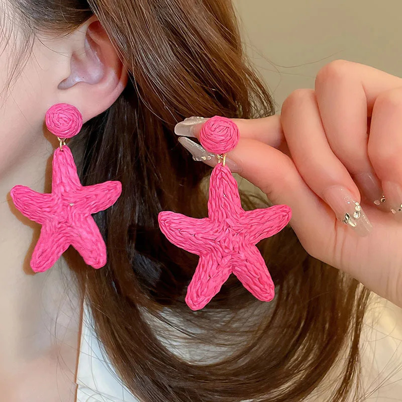 XIALUOKE Vintage Lafite Grass Weaving Colorful Sunflower Starfish Drop Earrings For Women Travel Party Summer Beach Jewelry 250730