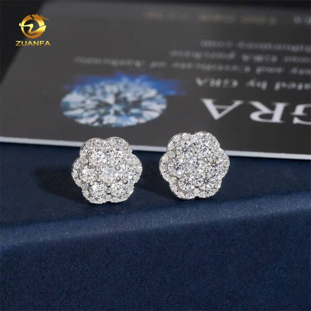 Hot Sale High Quality Cheap Price Hip Hop Style Iced Out 925 Silver Flower Cluster Men Moissanite Earrings