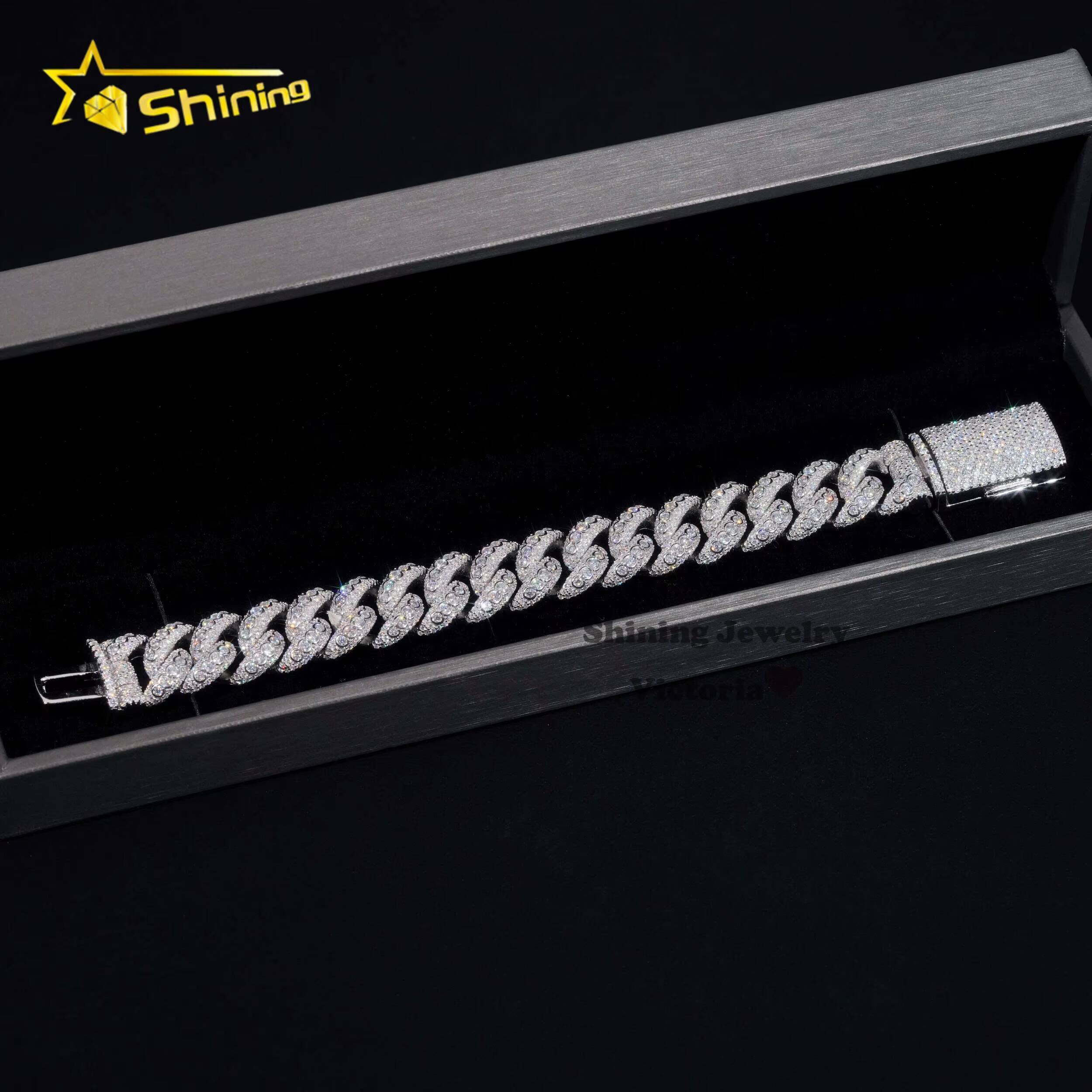Iced Out Jewelry 15MM 925 Sterling Silver GRA Certificate Diamond Moissanite Cuban Link Chain Bezel Setting Cuban Bracelet