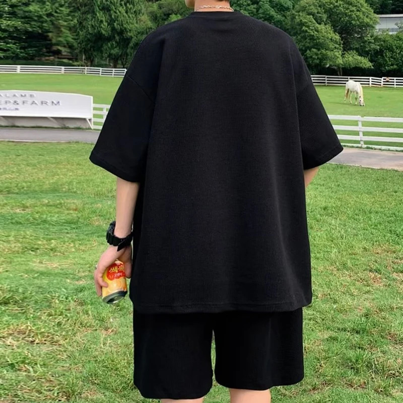 2024 Summer Korea Solid Loose Tracksuits for Mens Set Sleeves TShirt Shorts Sportswear Sporting Suit Oversize 5XL 250724