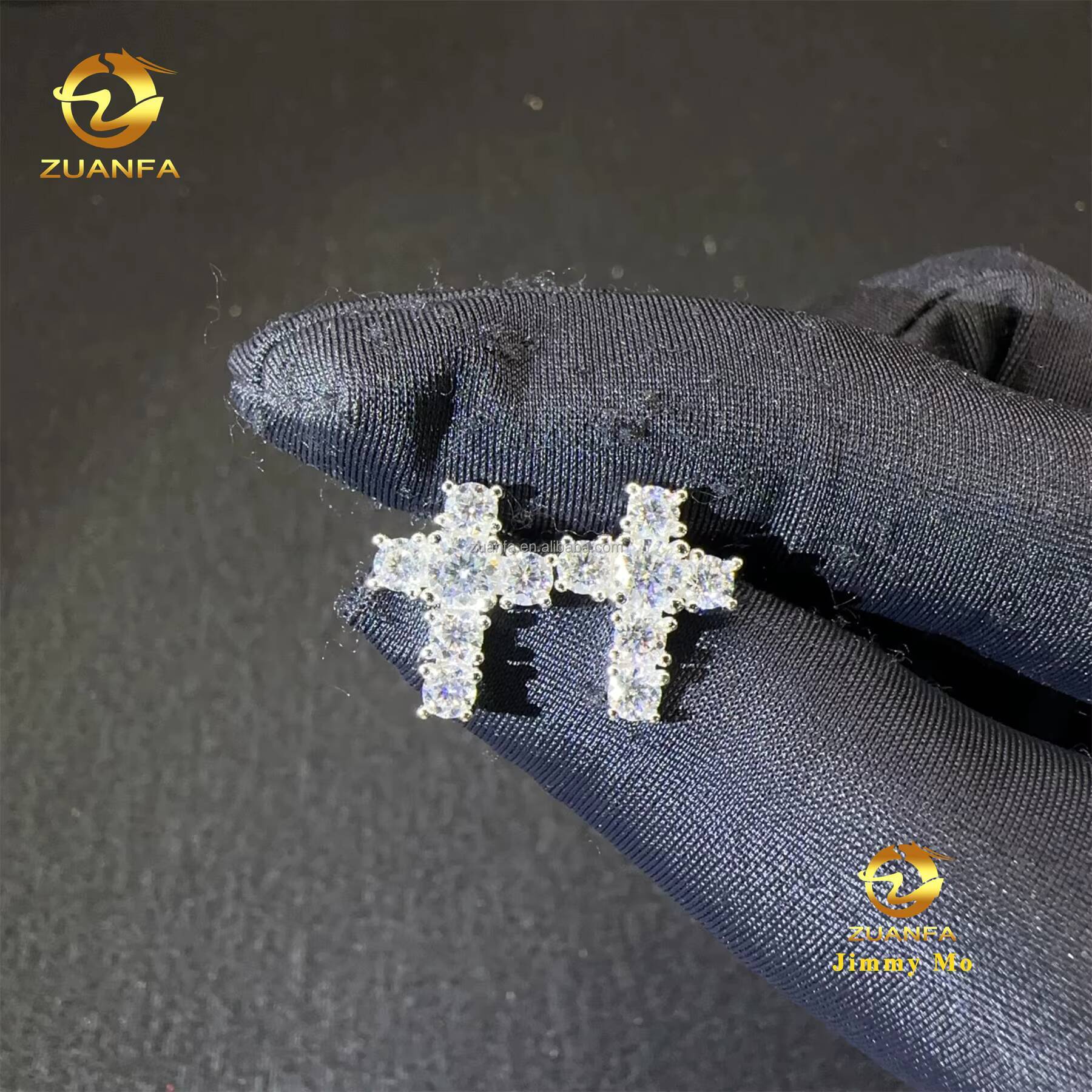 Bulk Stock Drop Shipping Rapper Jewelry Iced Out Hip Hop Sterling Silver 925 Screw Back Moissanite Diamond Cross Stud Earrings