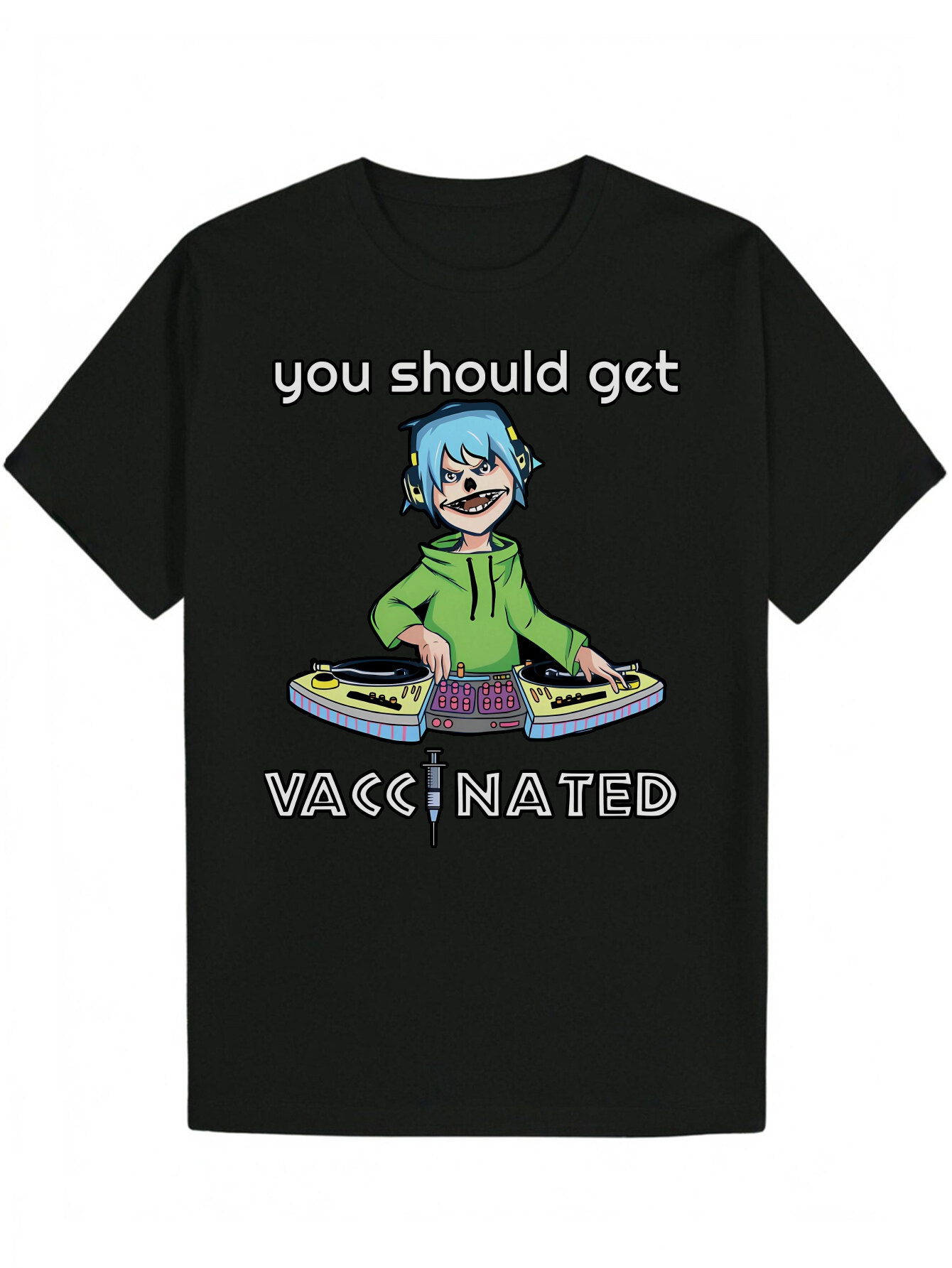 Men's Summer Pattern T-Shirt - Round Neck Polyester Fiber, Blue Hair DJ Print, Featuring "You Should Get Vaccinated" Design, Lightweigh
