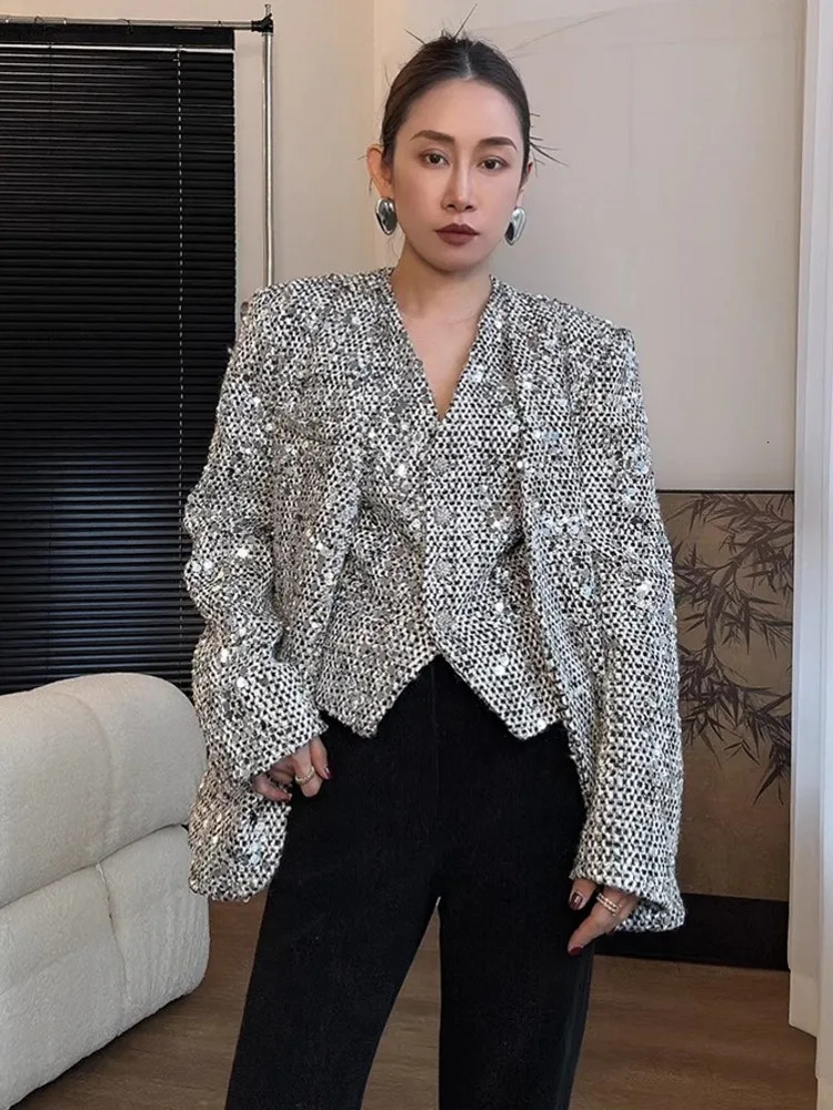 ner Women Shiny Sequined Tweed Jacket Punk Style Stage Show Mid Long Blazer Suit Coat Loose Fit V Neck Party Outwear 250731