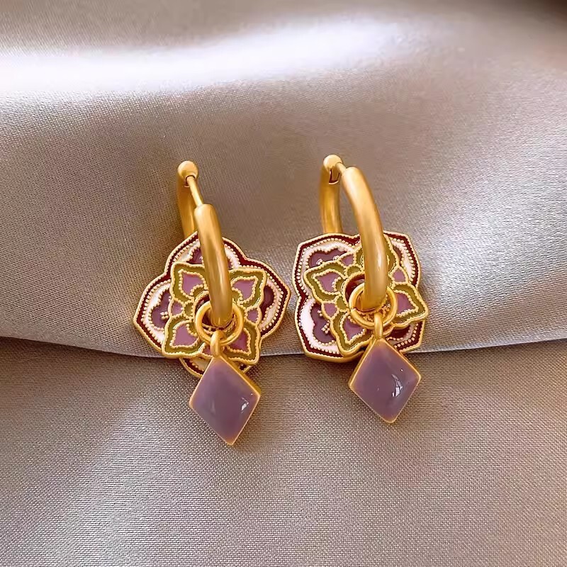 New Enamel Oil Drop Flower for Women, Light Personality Chinese Style Earrings, Niche Zircon Earrings