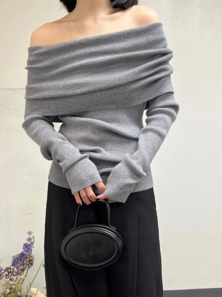 Autumn Winter Off Shoulder Women Sweaters Elegant Vintage Knitted Solid Jumper High Stretch Top Soft Chic Pullovers 250731