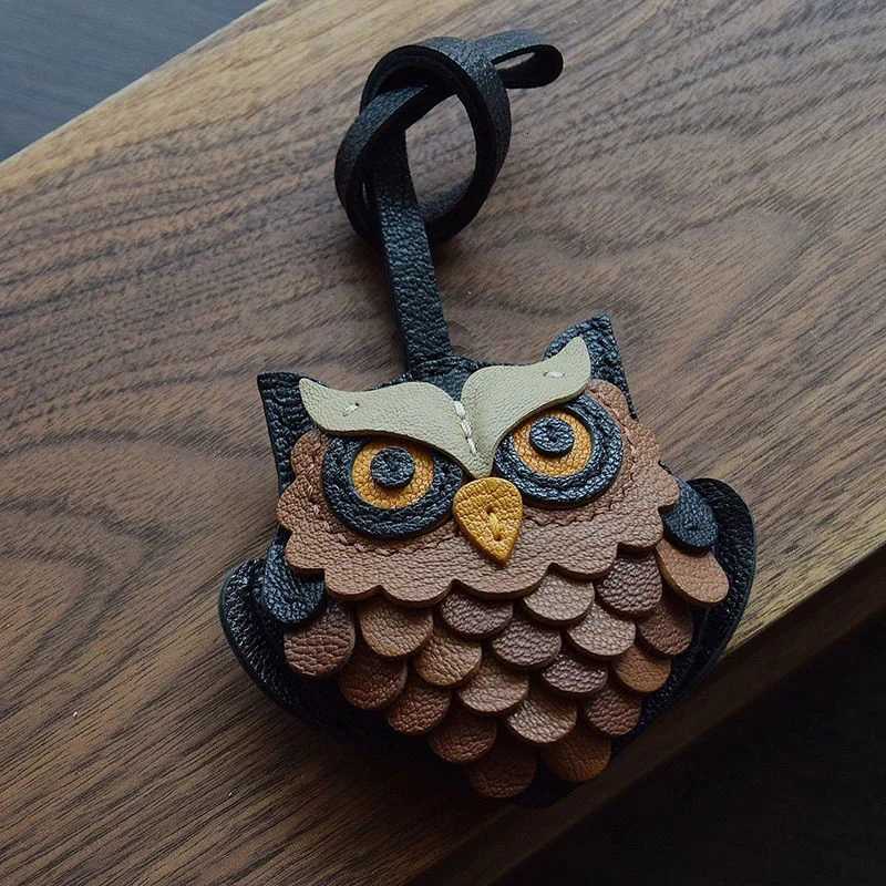 Genuine Leather Handmade Owl Bag Charm Pendant Sheepskin Keyring Hanging Ornament Backpack Handbag Schoolbag Purse Decoration Z250801
