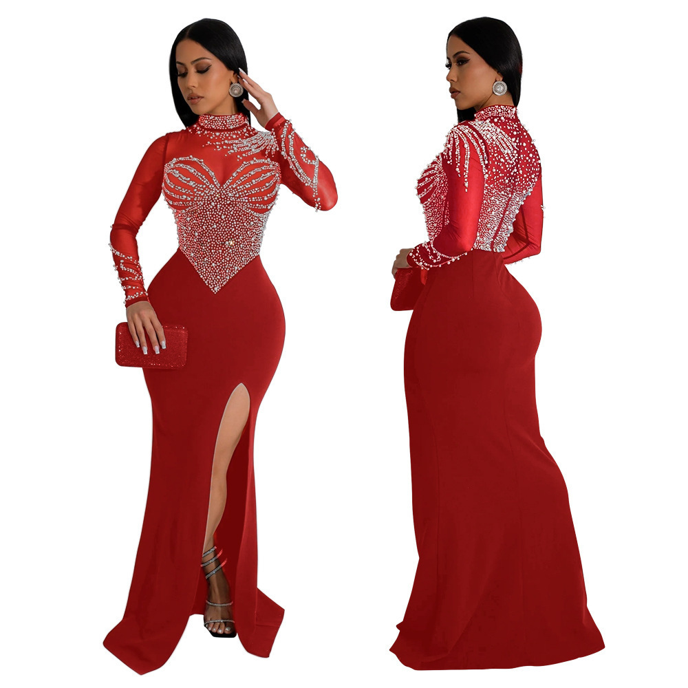 Womens plus size sequin ultra-thin Paty Club elegant long sleeved pleated rhinestone pearl decoration slotted train Maxi dress evening gown 240929