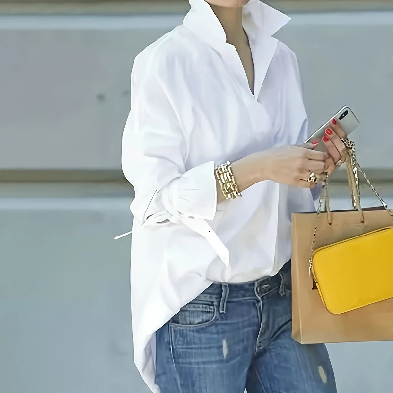 Plus Size Womens Shirt Simple and Elegant Style Solid Color Lapel Loose LongSleeved Suitable for Work Clothing Outing 250731