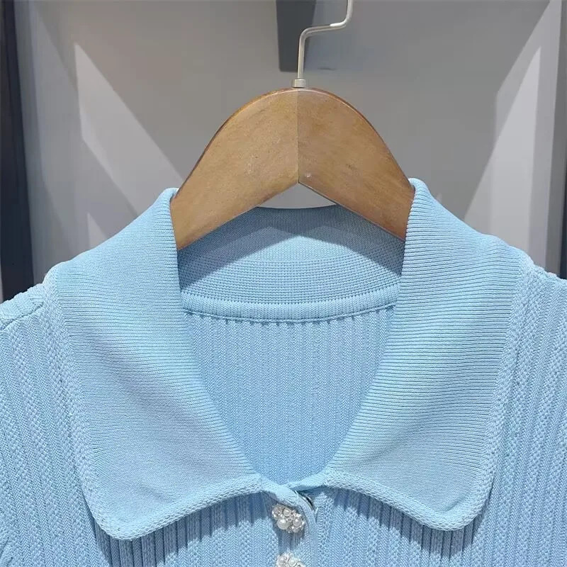 Spring Arrive Knitted Women Sequins Mini Dress Short Sleeve Turn Down Collor Ruffles Hem Lady 250731