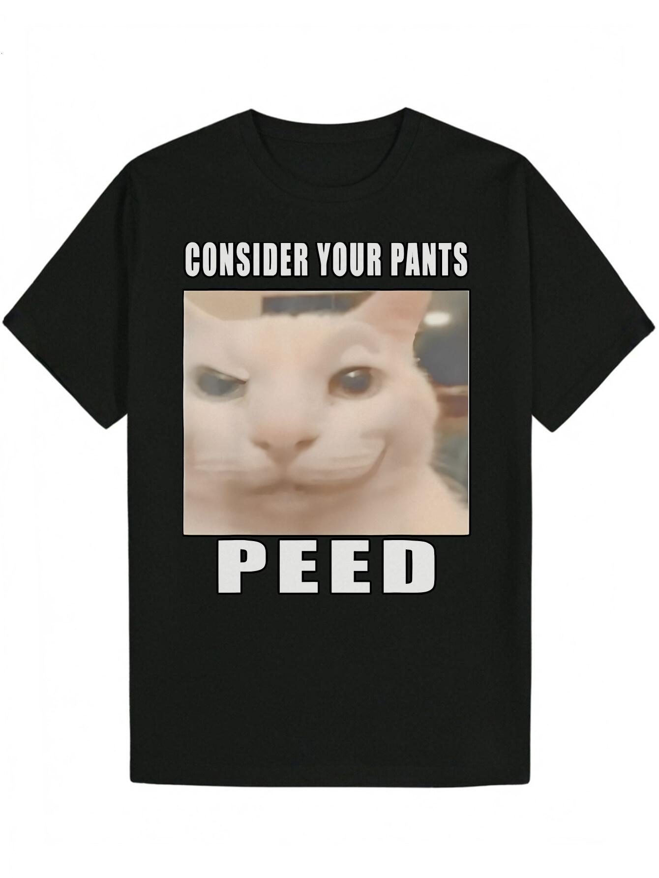 Men's Summer Round Neck Polyester T-Shirt - Fun Cat Pattern "Think About Your Pants" Design, Black, Lightweight and Breathable, Suitabl