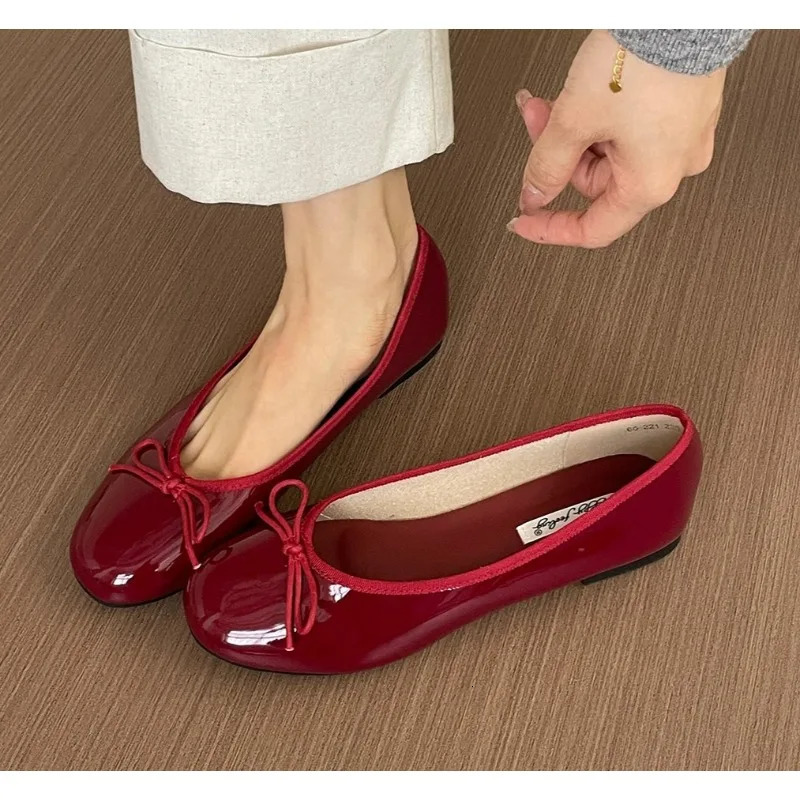 Red Elegant Bowknot Round Toe Womens Flat Shoes Comfort Slip-On Ladies Ballerina Single Mules Shoes Zapatos Mujer 250731