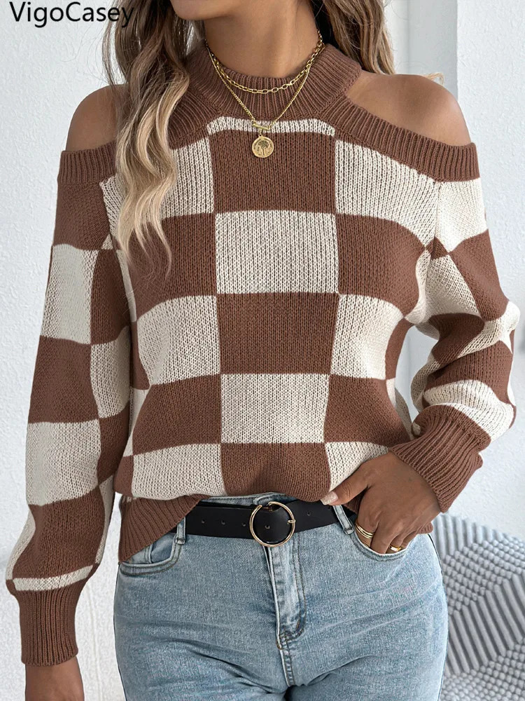 VigoCasey Winter Casual Off Shoulder Knitted Sweater Women Hollow Long Sleeve Pullover Autumn Lady Plaid Patchwork Jumper 250731