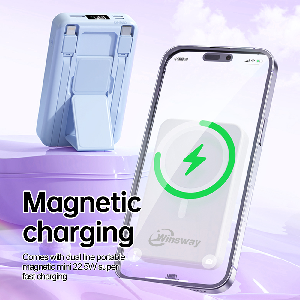 Winsway 10000mAh Foldable Magnetic Power Bank with Stand, 22.5W Two-Way Fast Charging, 15W Magnetic Charging, Includes USB/Type-C Cable, HD LED Displa