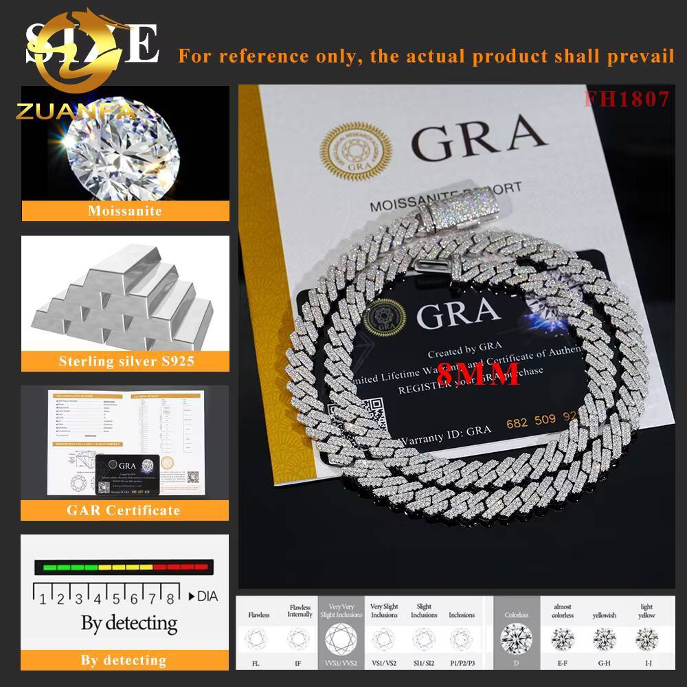 Pass Diamond Tester 925 Sterling Silver Hip Hop Jewelry Men Necklace 8mm 2 Rows Iced Out Vvs Moissanite Diamond Cuban Link Chain