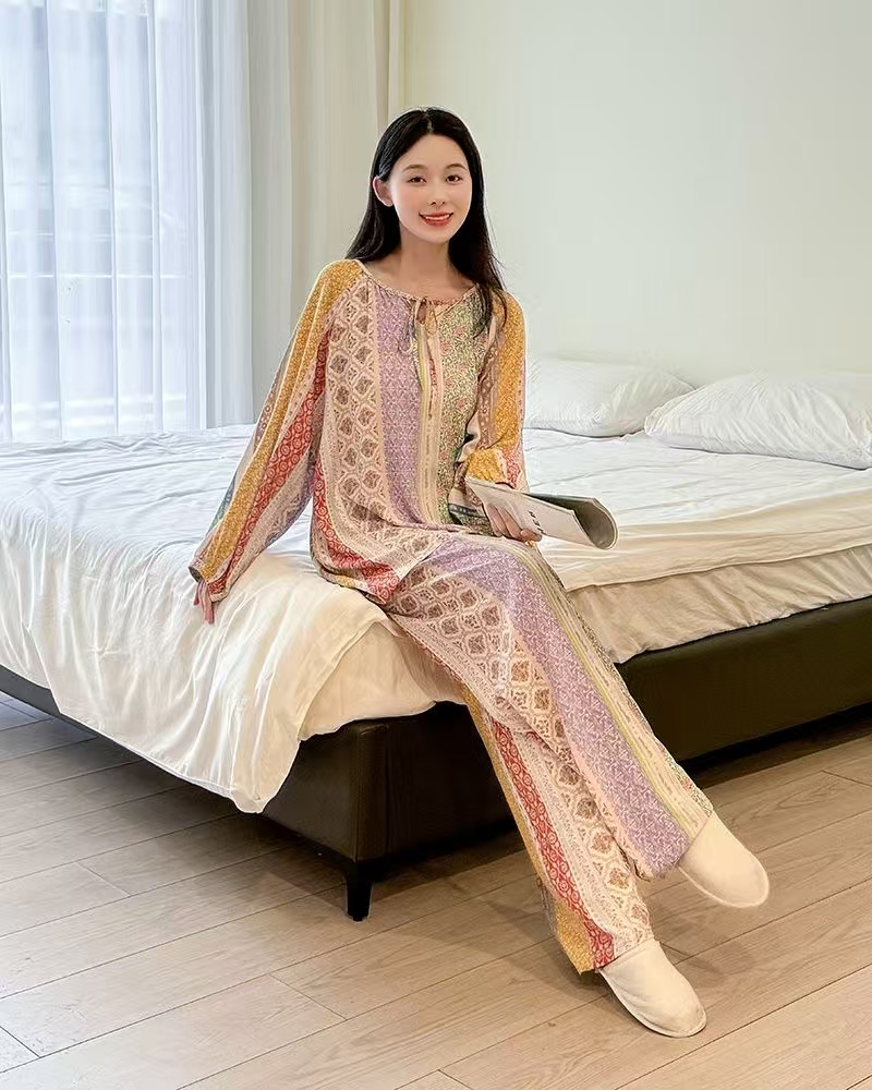2025 Women's Long-Sleeved Long Pants Spring/Summer Lightweight 2-Piece Set Bohemian Style Stretch Waistband Women's Pajamas Can Be Worn Outs