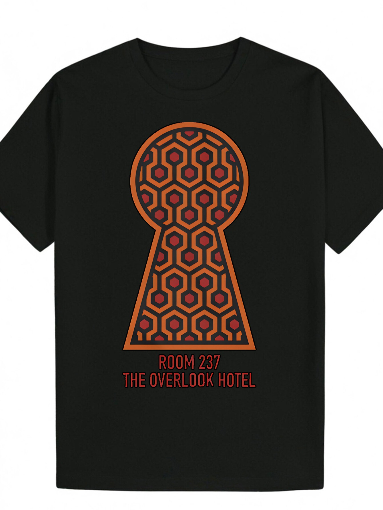 Men's Summer Pattern T-Shirt - Black, Orange, Red Geometric Design, "THE OVERLOOK HOTEL" Text, Round Neck, Polyester Fiber, Lightweight