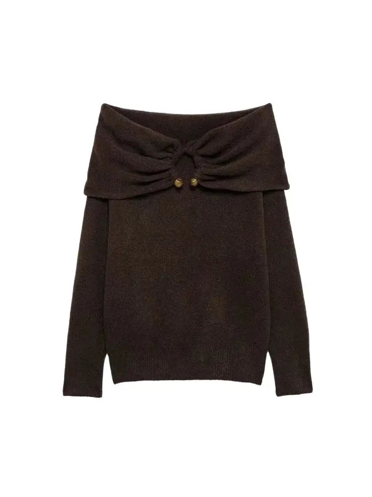 TRZA Womens OfftheShoulder Knit Sweater Straight Neck Long Sleeve Pullover Fashion Washer Appliques Chic Tops 250731