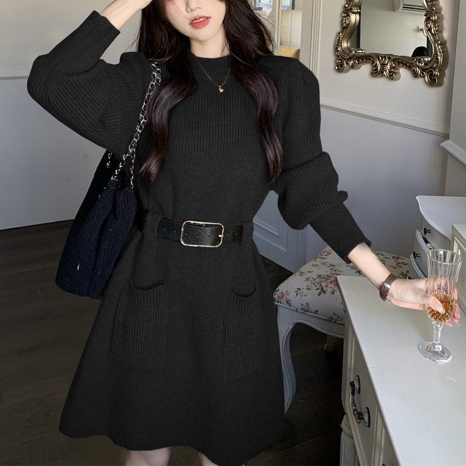 SLL14051 Simple French style petite sweater dress women's autumn and winter long sleeve loose knitted bottoming dress women