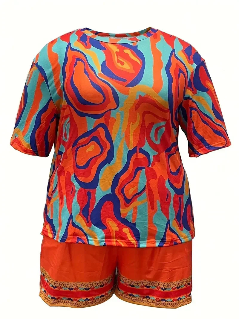 Plus Size 1XL5XL Women Casual Colorful Abstract Print Pajama Set Short Sleeve Round Neck TShirt Shorts Summer Loungewear 250729