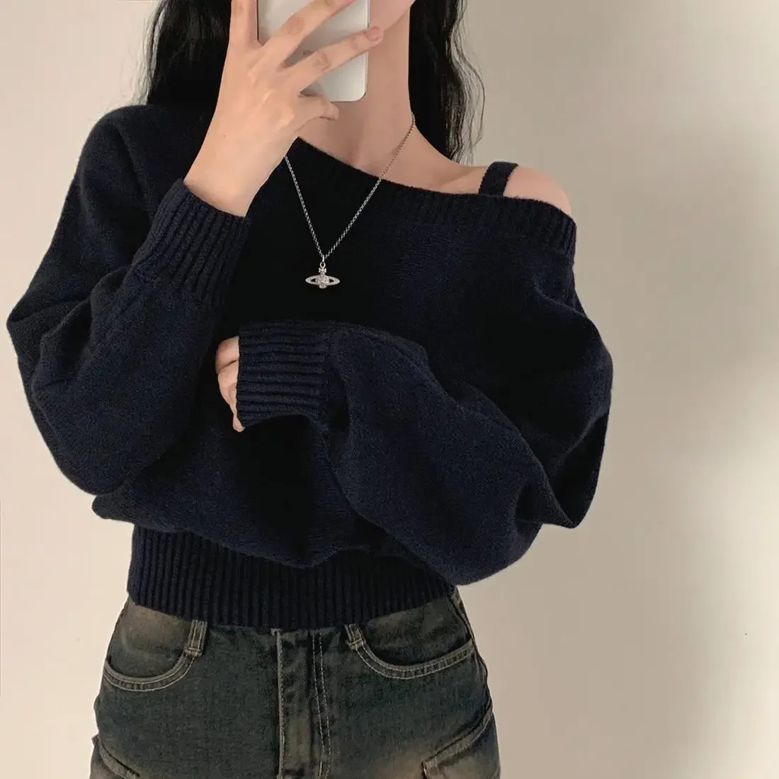 Korean Chic OffTheShoulder Tankbatwing Sleeve Knitted Top Sweater Polo Collar Sleeveless Pullover China Mainland Origi 250731