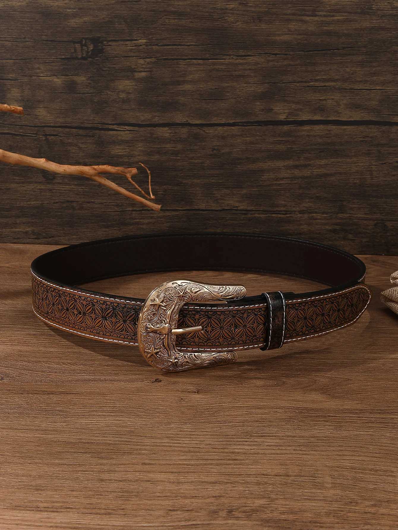 1PC Western Cowboy Retro Mens and Womens Waist Belt with Bronze Bull Pattern Needle Buckle Flower Grid Embossed XJ250801