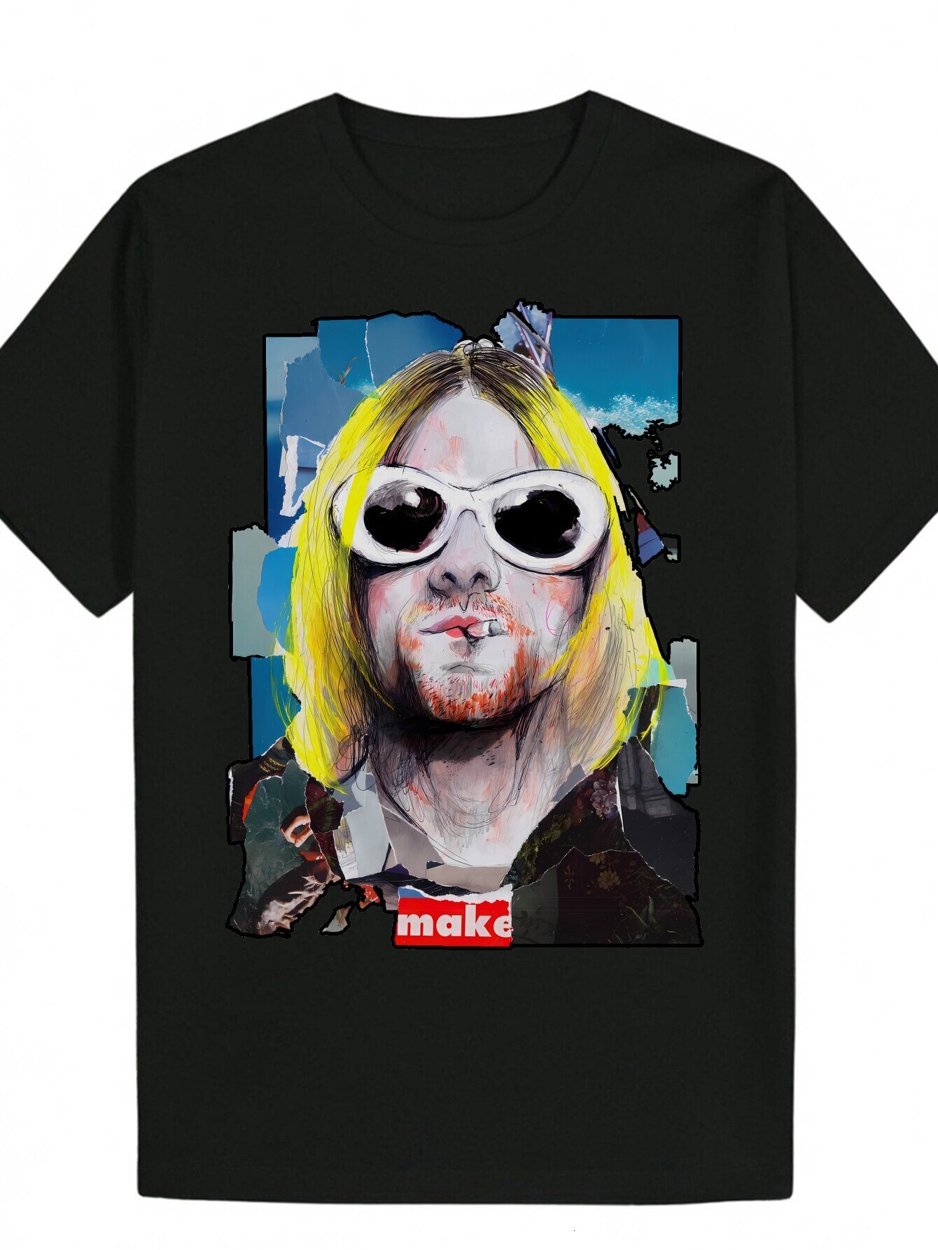 Men's Black Summer Casual - Round Neck Polyester Portrait Pattern with 'MAKE' Design, Lightweight and Machine Washable, Everyday T-Shir