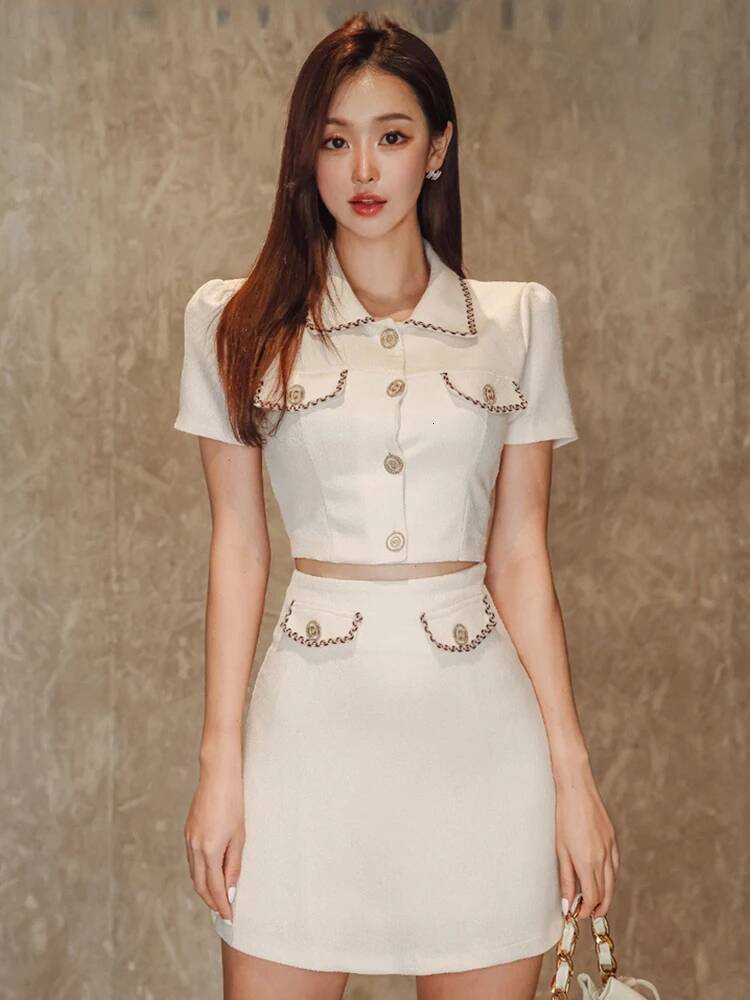 Summer Formal White 2 Piece Outfit Women Elegant Pretty Cropped Short Tops Shirt Blouse High Waist Mini Wrap Hip Skirt Mujer Set dongdumaoyi