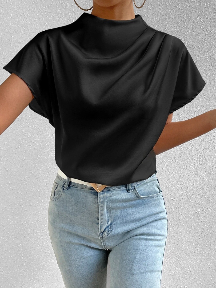 Luxury Women's T-Shirt 2025 New Women's Mini Turtleneck Chiffon Blouse - Flowy Batwing Short Sleeve Shirt | Versatile Spring Summer Fashion 