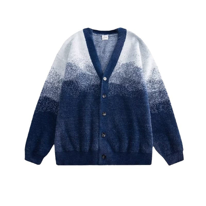 Trendy gradient plush V-neck cardigan sweater for men and women loose and lazy versatile knitted jacket y240827