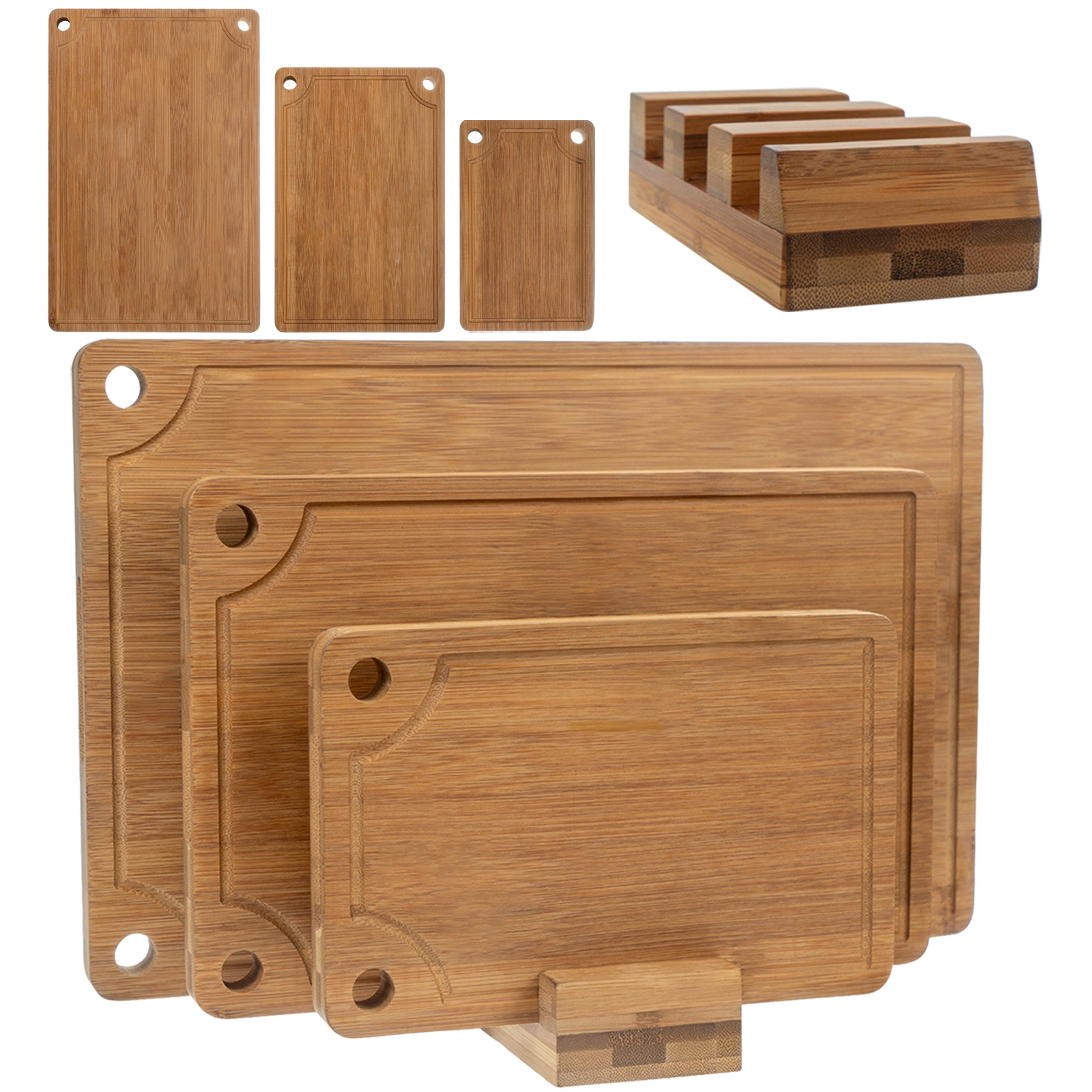 3-Piece Bamboo Cutting Board Set - Reversible with Juice Groove, Non-Slip Pads - for Meat, Vegetables, Cheese - Pre-Oiled Natural Wood - Kitchen Gift