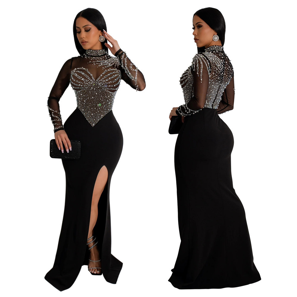 Womens plus size sequin ultra-thin Paty Club elegant long sleeved pleated rhinestone pearl decoration slotted train Maxi dress evening gown 240929