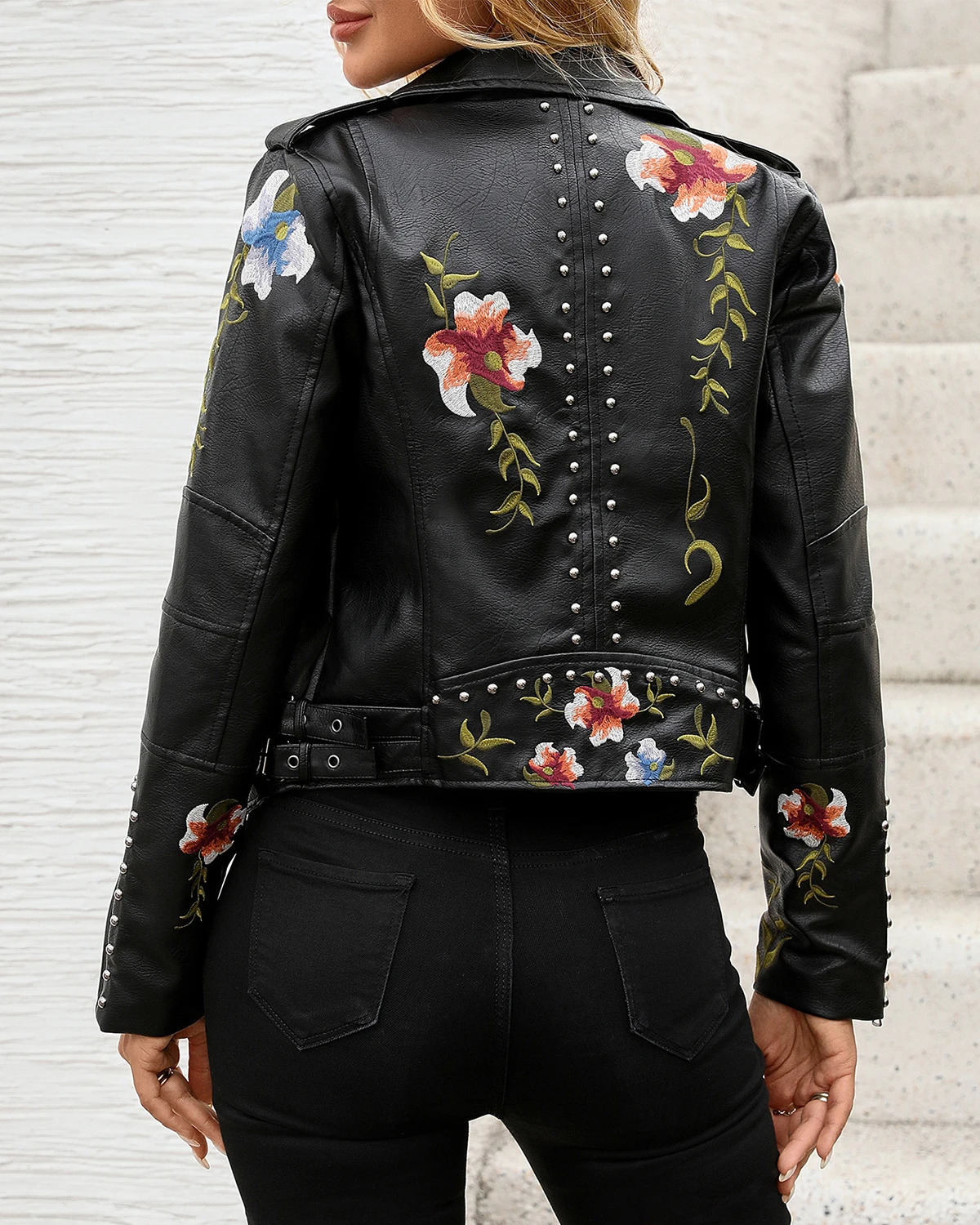 Womens ed Studded Faux Leather Jacket Moto Punk Floral Coat 250731