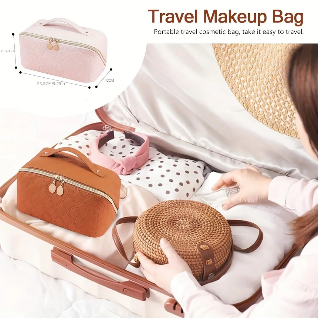 Travel Makeup Bag Large Opening Makeup Bag Portable Water Resistant Make Up Bags PU Leather Cosmetic Bag with Compartment 250731