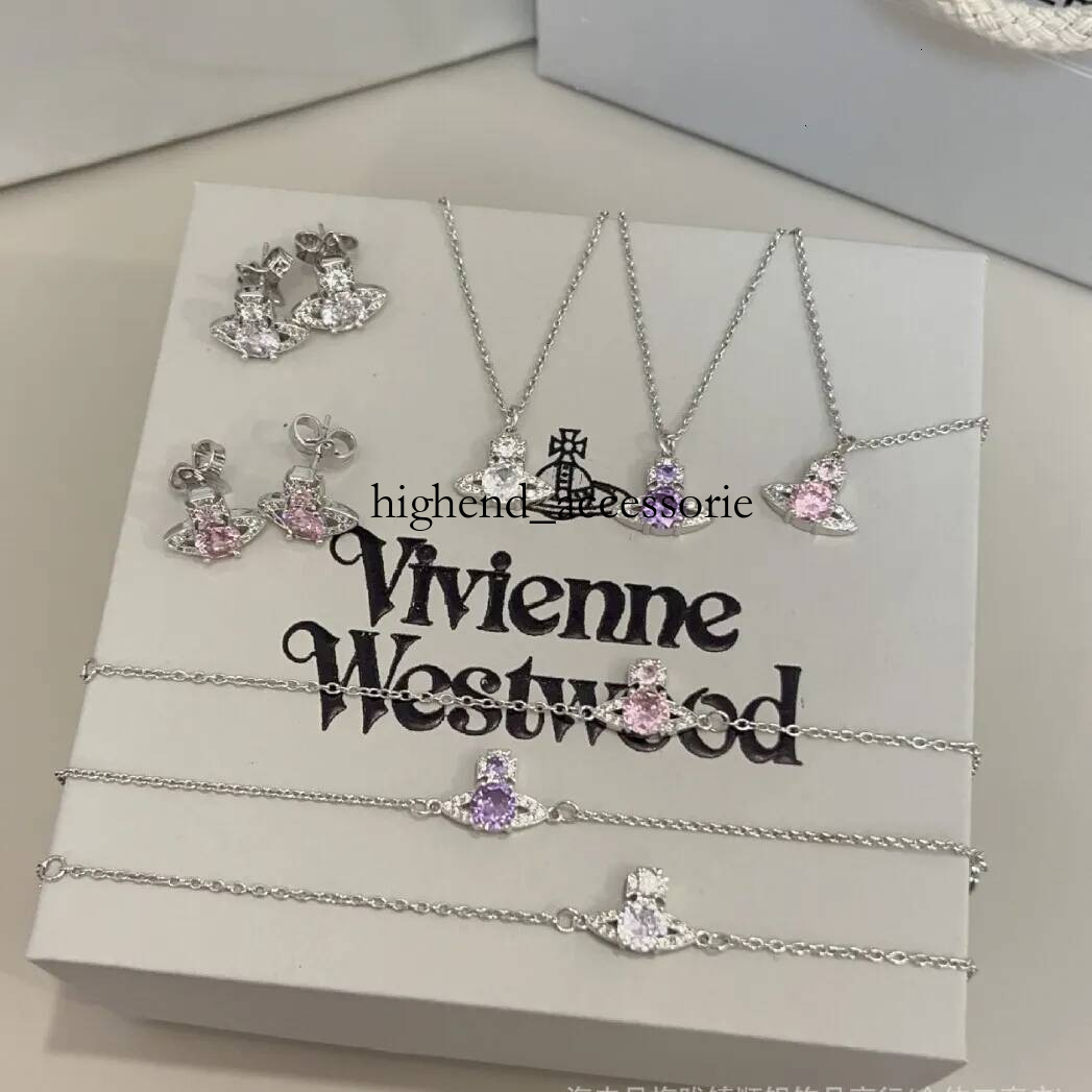 2025 AAA Designer Viviane Weswood Jewelry High Version Empress Dowager Full Diamond Small Saturn Vivienmes Necklace Orbit Set Large Zircon Bracelet For Women 25c