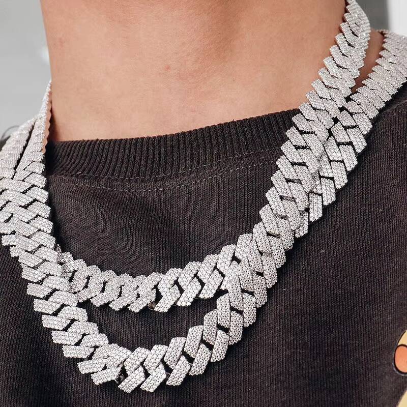 Hot Selling S925 Silver Iced Out Cuban Link Hiphop Jewelry 15mm Pass Diamond Tester D VVS Moissanite Cuban Chain Necklace