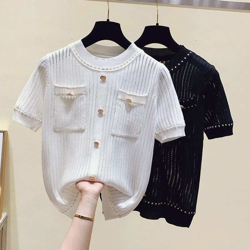 Summer Casual Button Thin Knitted T Shirt Women Hollow Out Tee Femme Tops Shirts Female Tshirt Woman Clothes White 250731