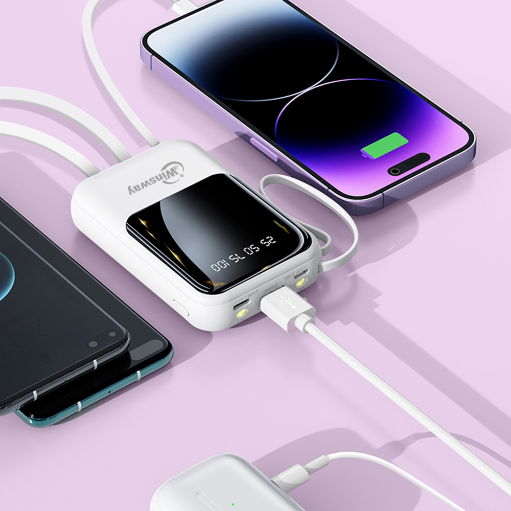Winsway 10000mAh portable lanyard charger - fast charging portable power bank with LED display lighting, built-in cable, 4-in-1 USB C/Type-C input/out