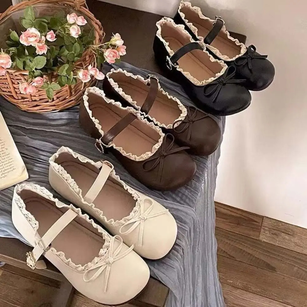 Fashion PU Leather JK Flat Shoes Lace Ruffled Sweet Slip On Loafers Soft Sole Bow Mary Jane Shoes Summer Autumn 250731