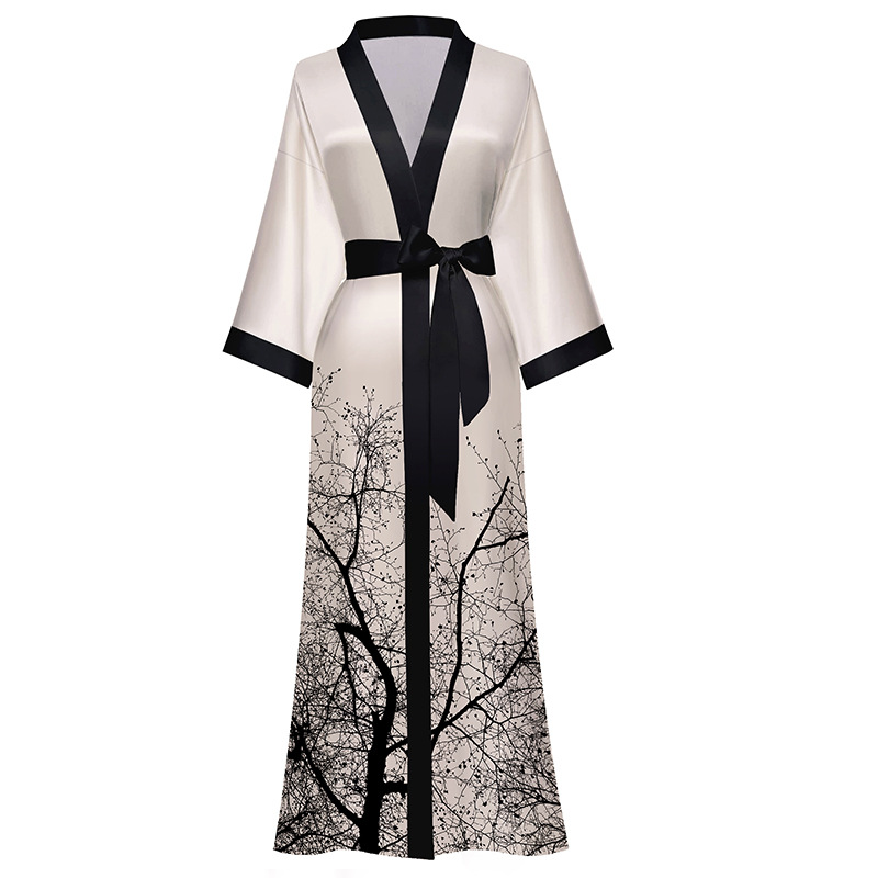 High - quality and light - luxury satin printed pajamas for women in summer. Plus - size light - luxury seven - quarter sleeves long - length cool - f