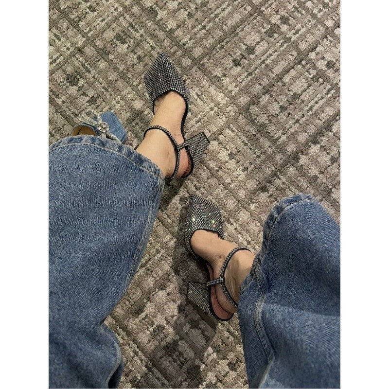 Free Delivery Of Outdoor 2025 New Designer Women's Thick-heeled High Heels Square Toe Crystal Outdoor Rhinestone Sexy And Elegant Cool Women'