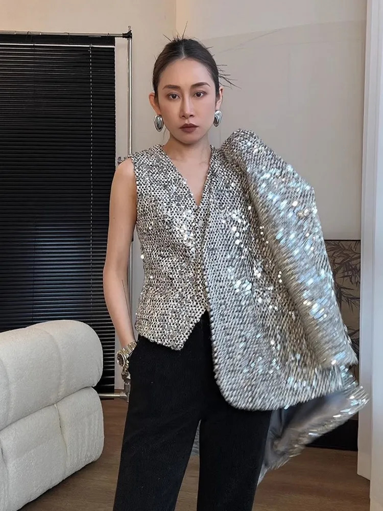 ner Women Shiny Sequined Tweed Jacket Punk Style Stage Show Mid Long Blazer Suit Coat Loose Fit V Neck Party Outwear 250731