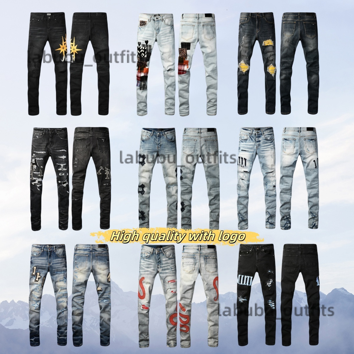 New Men Jeans Hole Light Blue Dark Jeans Brand Man Long amiro jeans Trousers Streetwear Denim Skinny Slim Straight Biker