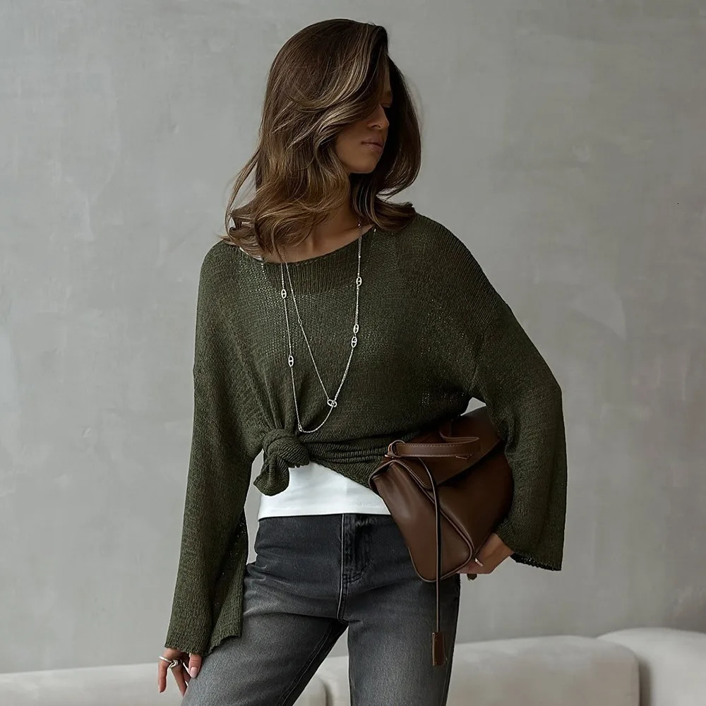 Simple Long Sleeved Cotton Knit Sweater Spring and Summer Women Micro Perspective Solid Color Versatile Elastic Loose Casual Top 250731