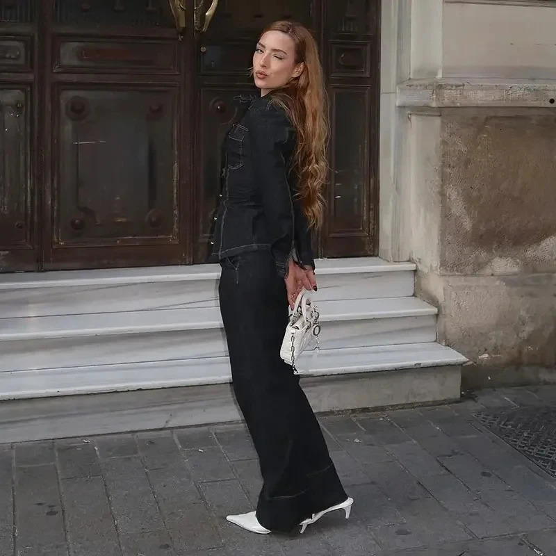 MUJER 2025 Denim Womens Pants Sets Button up Shirt Two Piece Outfits Woman High Waist Trousers Suits Spring Lady 250724