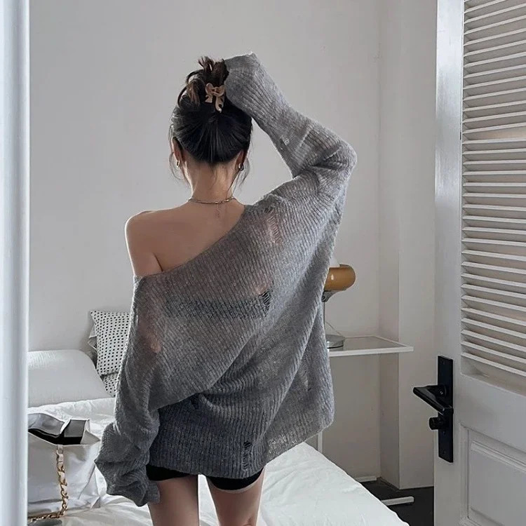 Sweet Lazy Hole Hollow Out Sunscreen Tops Women Summer Slash Neck Long Sleeve Sweaters Loose Allmatch Knitted Pullover 250731